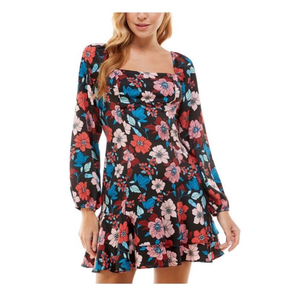 City Studio City Vibe Long Sleeve Square Neck Floral Dress